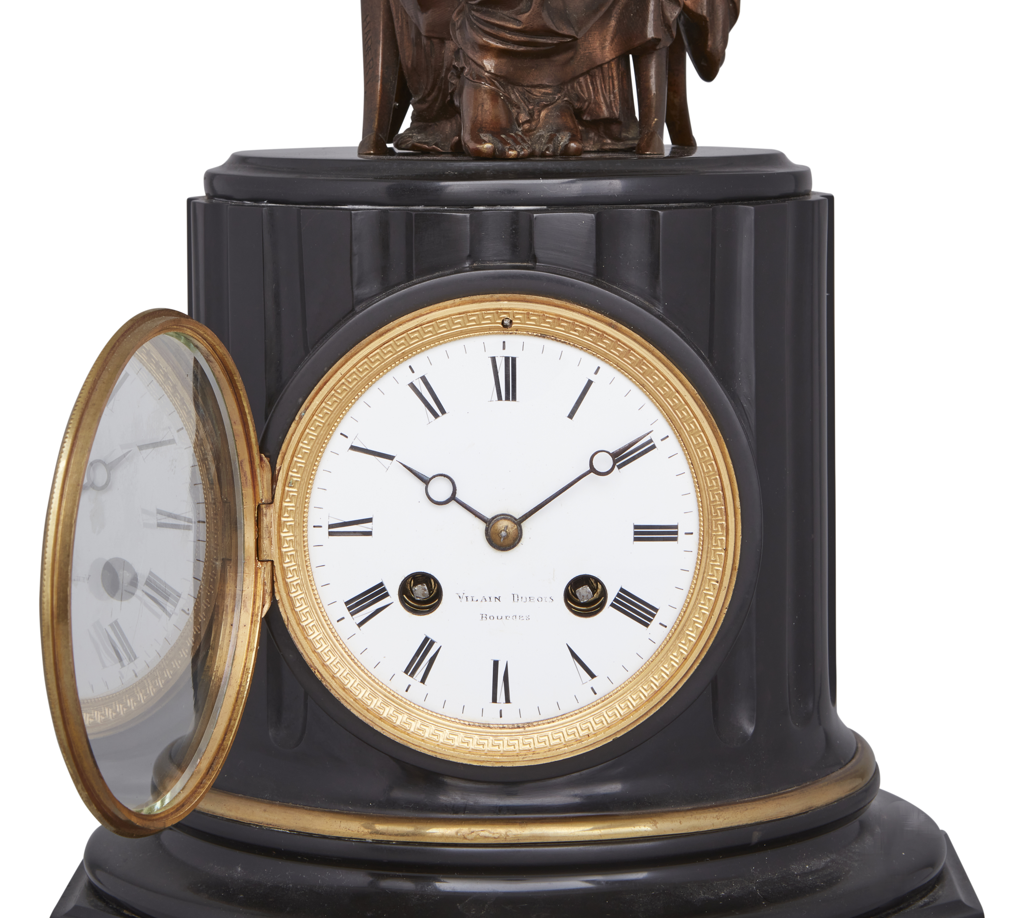A French gilt and patinated bronze mounted black slate three-piece clock garniture, late 19th cen... - Image 2 of 3