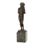 A bronze model of young boy cuddling a kitten, early 20th century, unsigned, on a variegated gree...