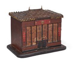 A French novelty oak tobacco box, c.1900, modelled as a Chinese shop, the lid formed as a pagoda ...