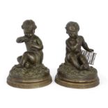 After Jean-Baptiste Pigalle, French, 1714-85, a pair of bronze infants, one feeding a bird, the o...