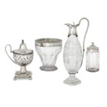 A group of silver mounted glassware comprising: a twisted glass sugar bowl with gadrooned silver ...