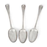A set of three early George II silver Hanoverian rattail spoons, London, 1730, maker's marks indi...