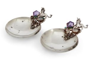 Angus McFadyen. A pair of diamond and gem-set Scottish silver dishes with cast unicorn handles, E...