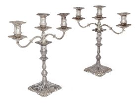 A pair of Elizabeth II silver candelabra, Sheffield, 1969, Roberts & Belk, with detachable three ...