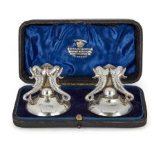 Two cased pairs of Victorian silver menu holders, Birmingham, 1892, Deakin & Francis, in fitted E...