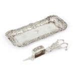 A pair of Regency silver candle snuffers and a Regency silver snuffer tray, the snuffers London, ...