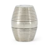 A barrel-shaped silver nutmeg grater, probably Samuel Meriton II, c.1780, stamped SM only to inte...