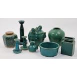 Ten Chinese emerald green-glazed vessels, 20th century, comprising a Ming-style bucket pail-form ...