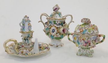 Two porcelain potpourri, Minton or Coalport, 19th century, each twin handled with floral encrusta...