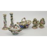 A group of British floral encrusted porcelain, 19th century, comprising: a pair of Minton porcela...