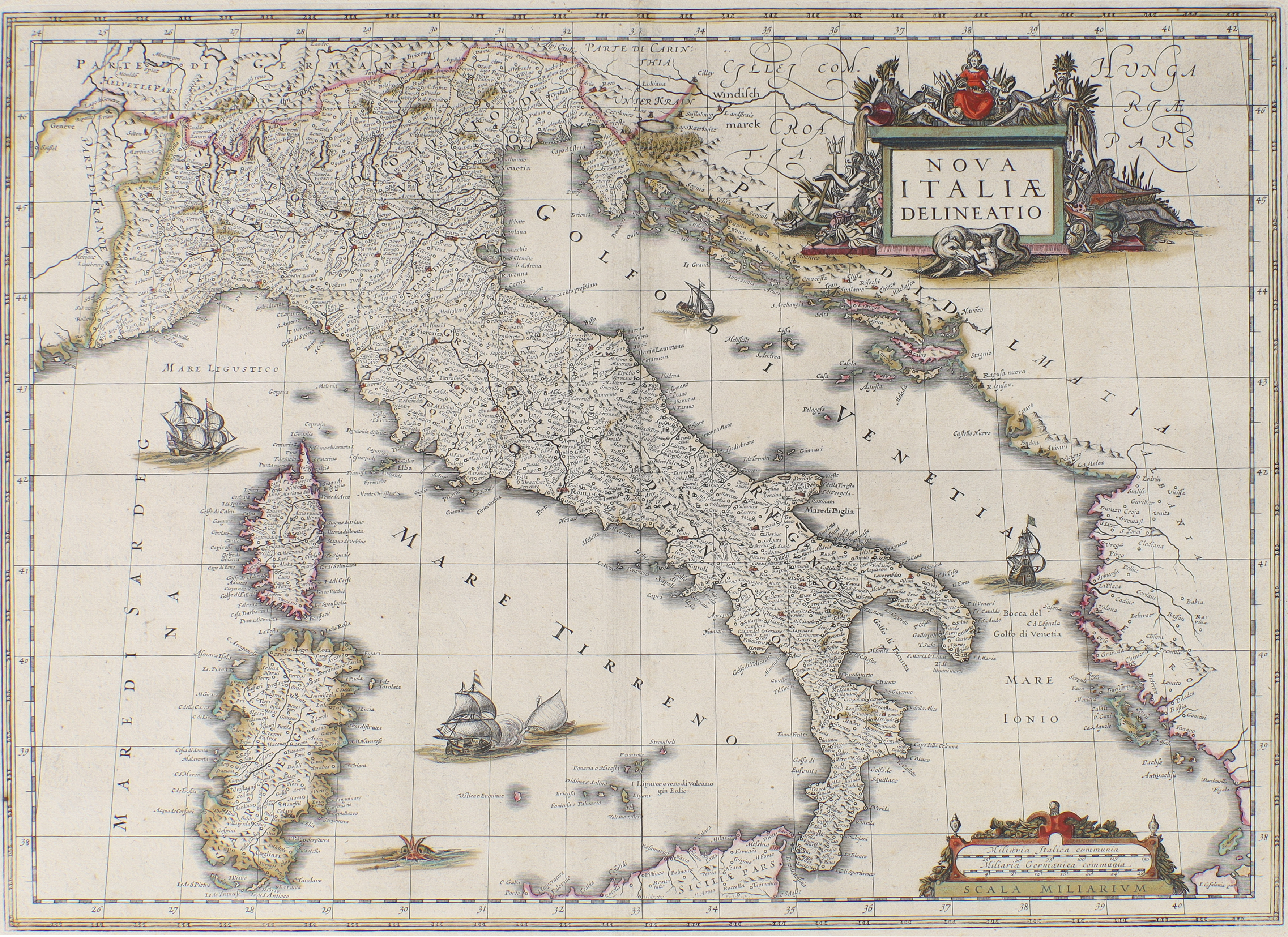 After Willem Janszoon Blaeu, Dutch, 1571-1638, 'Nova Italiæ Delineatio', engraved map with hand c...