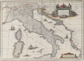 After Willem Janszoon Blaeu, Dutch, 1571-1638, 'Nova Italiæ Delineatio', engraved map with hand c...