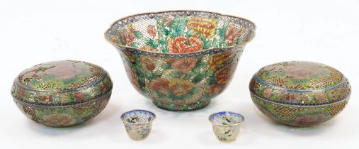 A set of Chinese plique-à-jour wares, 20th century, comprising a large reticulated bowl with lobb...