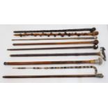 A collection of walking sticks, 19th - 20th centuries, to include an Indian white metal handled s...