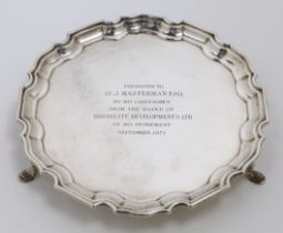 A silver salver, Sheffield, 1968, Mappin & Webb, with scalloped rim, with presentation engraving ...