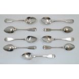 A small group of eight silver fiddle pattern teaspoons, comprising: five Scottish examples, Glasg...