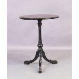 A Victorian ebonised tripod table, third quarter 19th century, the walnut inlaid top with Greek k...