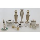 A group of silver and silver mounted objects, comprising: a capstan inkwell, Birmingham, 1915, Ch...