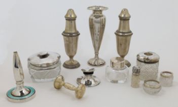 A group of silver and silver mounted objects, comprising: a capstan inkwell, Birmingham, 1915, Ch...