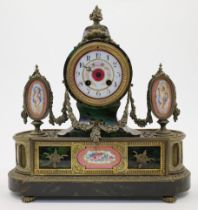 A French brass and simulated tortoiseshell mantel clock, 19th century, the case with brass floral...