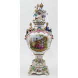 A large Potschappel vase with cover and stand, 19th century, blue cross and T mark to the undersi...