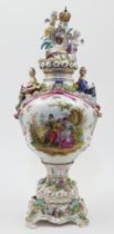 A large Potschappel vase with cover and stand, 19th century, blue cross and T mark to the undersi...