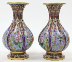 A pair of Chinese lobed cloisonné enamel vases, 20th century, the pear shaped vase with splayed f...