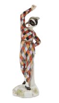 A Paris (Samson) porcelain figure of Harlequin, early 20th century, polychrome painted in the Mei...