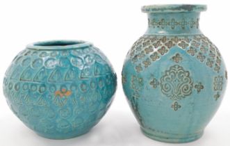 Two earthenware Fez vases, 20th century, both with impressed decoration, and similar green oxidis...