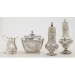 A small group of silver, comprising: a Victorian sugar caster, London, 1900, Mappin & Webb, repou...