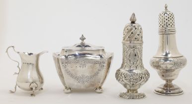 A small group of silver, comprising: a Victorian sugar caster, London, 1900, Mappin & Webb, repou...