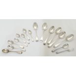 A group of silver flatware, comprising: two Georgian tablespoons, 1792, maker RC, Old English pat...