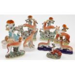 A group of eight Staffordshire ceramic flatback figures, vases and ornaments, 18th - 19th centuri...