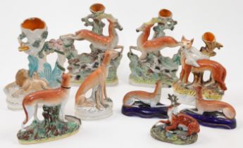 A group of eight Staffordshire ceramic flatback figures, vases and ornaments, 18th - 19th centuri...