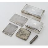 A group of silver cigarette boxes and cases, comprising: a cigarette box, London, 1928, Henry Wil...