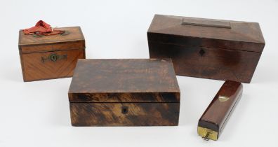 A group of tea caddies and boxes, 19th century, to include a mahogany strung rectangular tea cadd...