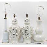 A group of four modern lamp bases, 20th century, to include a ceramic pair designed as creamware ...