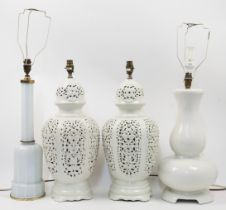 A group of four modern lamp bases, 20th century, to include a ceramic pair designed as creamware ...