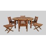 A large circular teak garden table by Lister, with detachable leaves to become a square table, 72...