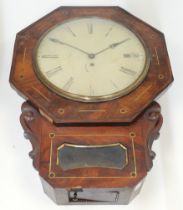 A William IV mahogany and brass inlaid drop dial wall clock, second quarter 19th century, the cir...