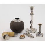 A small group of silver and silver mounted objects, comprising: a George III silver candlestick, ...