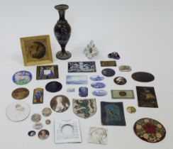 A collection of enamel plaques and collectibles, 18th century and later, to include an enamel bal...