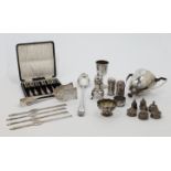A group of silver, comprising: a George III serving spoon, London, 1794, Solomon Hougham, engrave...