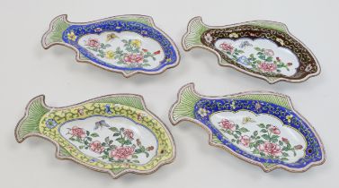 A group of four Chinese enamel fish-shape footed dishes, 20th century, each with green painted fi...