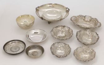 A group of silver dishes and bowl, comprising: a Victorian bon bon dish, Sheffield, 1898, John He...