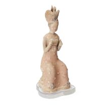 A large Chinese pottery figure of a court lady, Republic period, modelled seated wearing a bird-f...