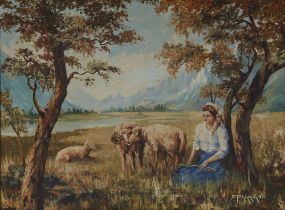 Dino Paravano,  Italian/South African b.1935 -  Woman with bighorn sheep;  oil on board, signed...