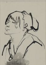 British School,  20th century -  Head of a woman;  ink wash on paper, signed with initials lowe...