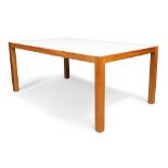 Clayton Cabinets, a bespoke produced dining table, c.2020, teak and corian, 74cm high, 180cm wide...