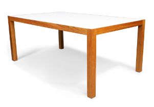 Clayton Cabinets, a bespoke produced dining table, c.2020, teak and corian, 74cm high, 180cm wide...